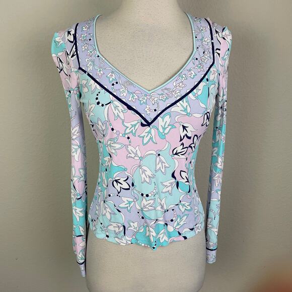 Emilio Pucci White Pink Purple Blue Floral V Neck Top 6 - Picture 2 of 10